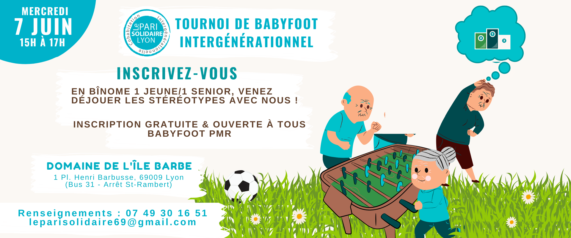 Affiche de notre tournoi de babyfoot intergénérationnel qui se déroulera le 7 juin 2023 à 15h au musée Jean Couty. Accessible PMR.
