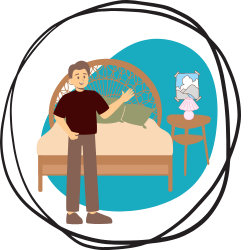 Jeune - Cohabitation intergénérationnelle Jeune qui fait de la cohabitation intergénérationnelle devant un lit avec une table de nuit