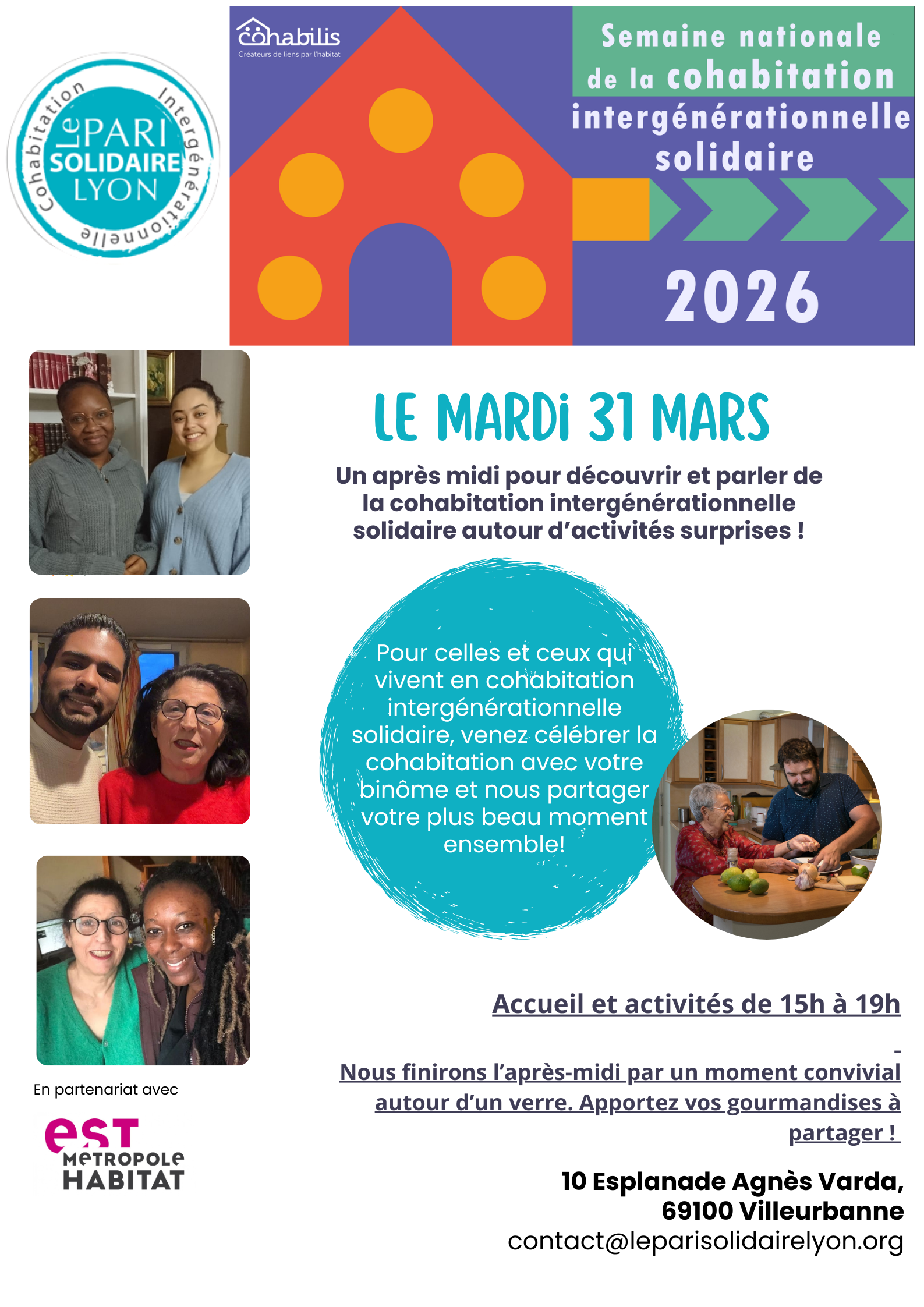 Semaine de la cohabitation intergénérationnelle Affiche de la Semaine nationale de la cohabitation intergénérationnelle solidaire 2026 organisée par Le Pari Solidaire Lyon à Villeurbanne le 31 mars, avec photos de binômes intergénérationnels.